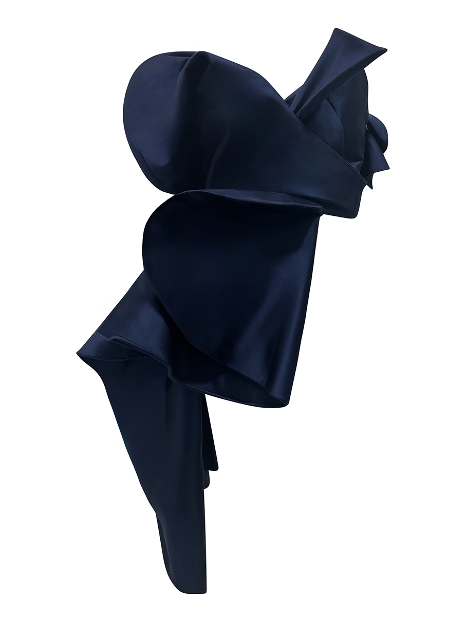 Versatile Navy Blue Top for Special Events The Sculpted Orchid top offers versatile styling with its asymmetrical neckline, perfect for both on and off-shoulder looks at galas and weddings.