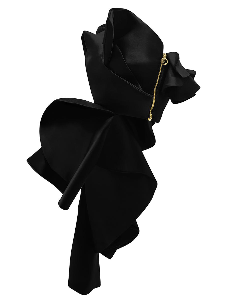Black Sculpted Orchid Top for Galas and Weddings Transform into a stunning masterpiece with the Black Sculpted Orchid Top, perfect for galas, weddings, and special events.