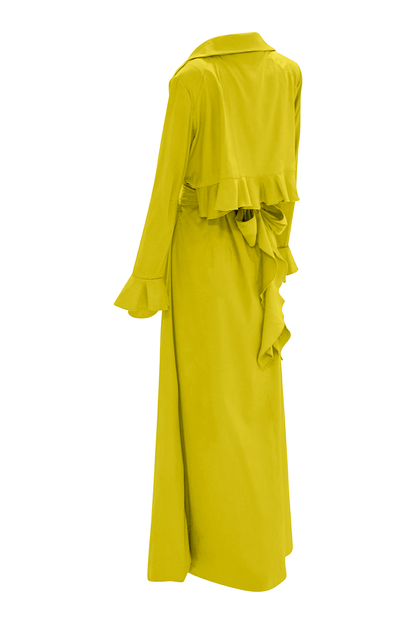 Step into sophistication with our Chartreuse Cascade Belted Trench Coat, a timeless piece designed for modern elegance. Crafted from cotton twill and featuring invisible stitch hem for a clean finish, it offers both style and comfort.