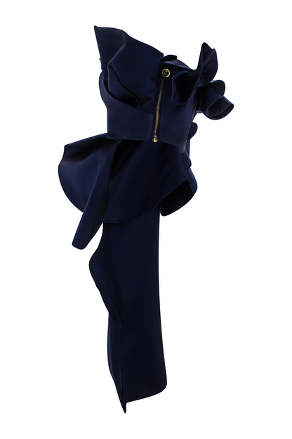 Elegant Navy Blue Top with Overlapping Design The overlapping design of the Sculpted Orchid top adds an extra touch of elegance, making it perfect for sophisticated events.